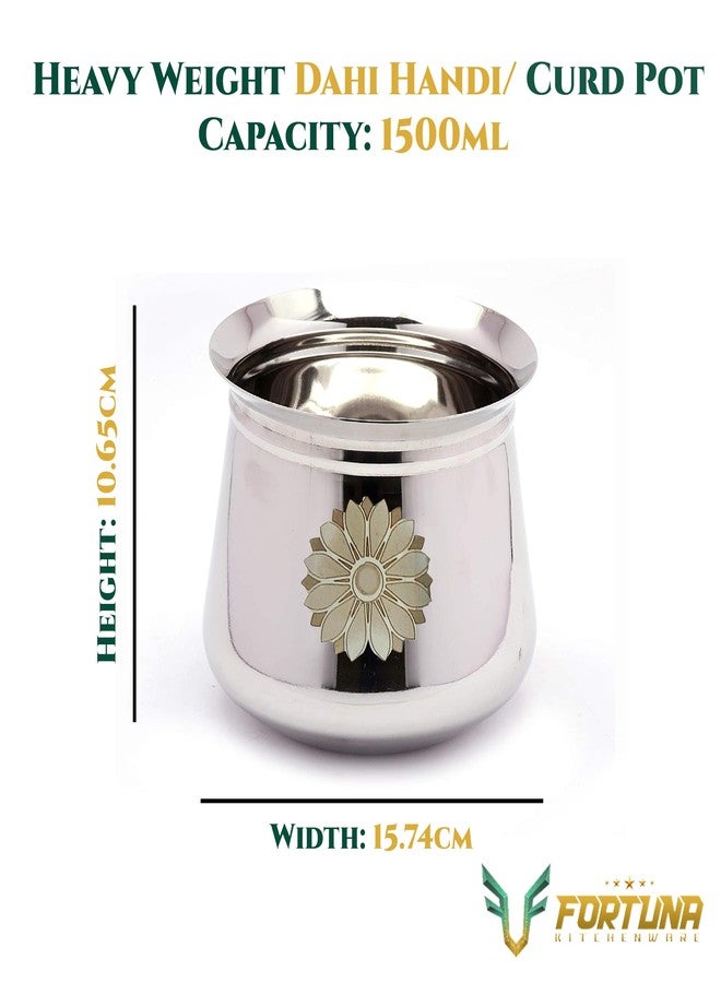 Fortuna Kitchenware, 1500ml, 20 Gauge Stainless Steel Dahi Handi/Curd Pot with Lid | Stainless Steel Handi for Kitchen (Plain, 1.5 Litre) - Image 2